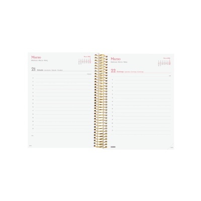 Agenda semanal aberta com espiral dourada e páginas para 21 e 22 de Março