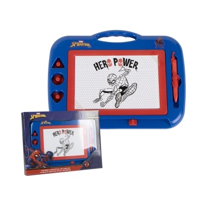 Tabuleiro magnético de desenho Spider-Man azul e vermelho com caneta e três carimbos, em caixa com personagem Spider-Man