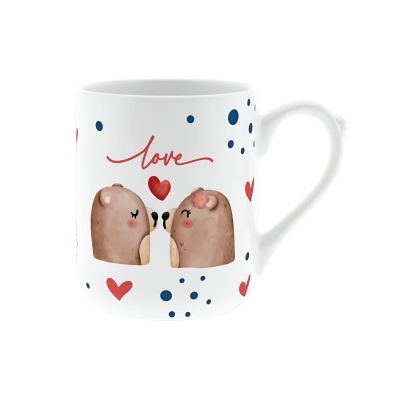 Caneca branca com desenho de dois ursos e corações