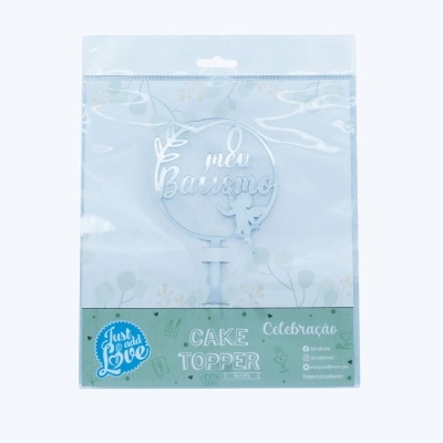 Topper para bolo acrílico branco com texto O meu Batismo e anjo em embalagem de plástico.