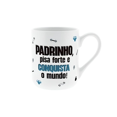 Caneca branca com texto motivacional para padrinho e ícones fitness