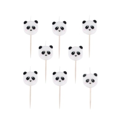 Velas brancas com desenho de cabeça de panda em palito de madeira
