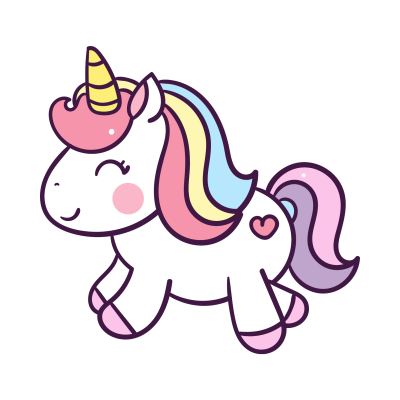 Desenho de unicórnio branco colorido com crina e cauda rosa, amarelo e azul