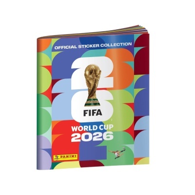 Álbum oficial de cromos FIFA World Cup 2026 com capa colorida e troféu