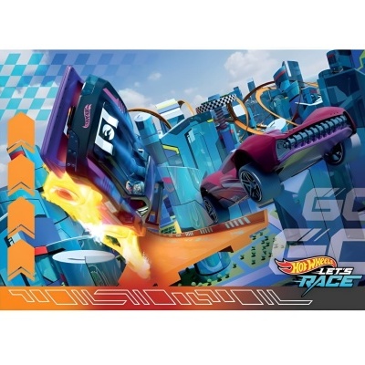 Tapete com tema Hot Wheels com carros de brinquedo e pista laranja