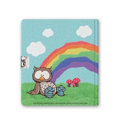 Guardanapo quadrado com estampa de coruja, arco-íris, cogumelos e nuvens