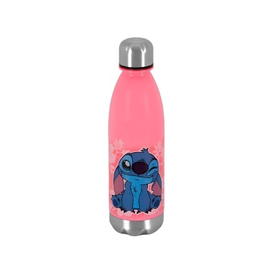 Garrafa térmica rosa com personagem Stitch azul e tampa prateada