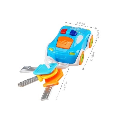 Brinquedo de carro azul com botões coloridos e três chaves de brinquedo coloridas num anel branco