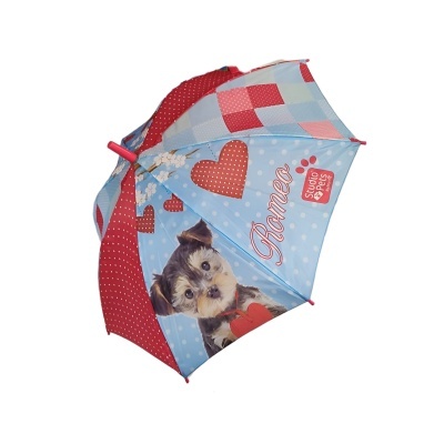 Guarda-chuva infantil azul com corações vermelhos, foto de cão e texto 'FANTAS' e 'Studio Pets'