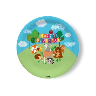 Prato de papel com decoração de animais da floresta e texto 'HAPPY BIRTHDAY'