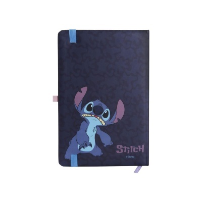 Capa para agenda com personagem Stitch azul, fundo azul escuro e texto Stitch