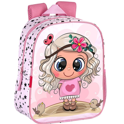 Mochila infantil rosa com personagem desenhada e alças cor de rosa