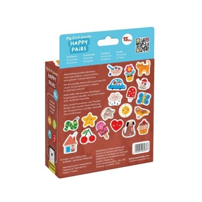 Embalagem de puzzle infantil com ilustrações coloridas de animais e objetos e texto informativo