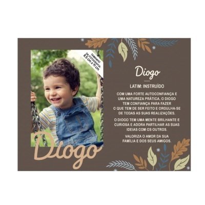 Cartão decorativo com foto de criança e texto sobre o nome Diogo