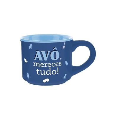 Caneca azul escura com texto para avô e desenhos de dinossauros