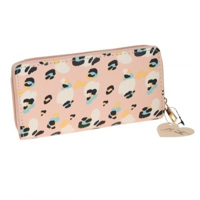 Carteira cor-de-rosa com padrão de manchas coloridas e fecho dourado