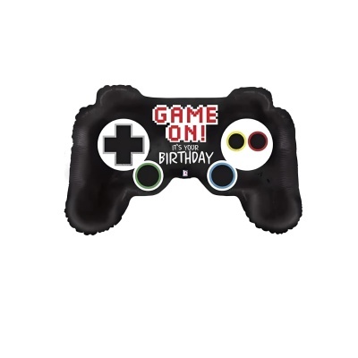 Balão em forma de comando de video-jogos preto com texto branco e vermelho