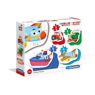 Caixa de puzzles infantis com trator, comboio, barco e avião coloridos.