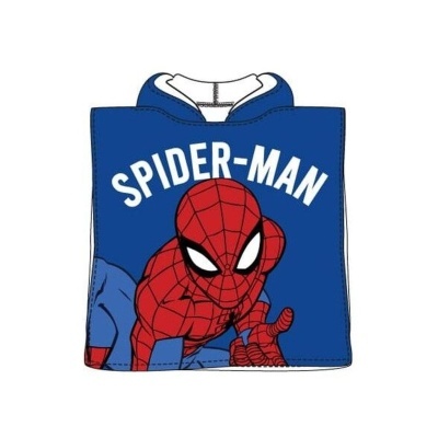 Pano de banho infantil azul com personagem Spider-Man e texto SPIDER-MAN