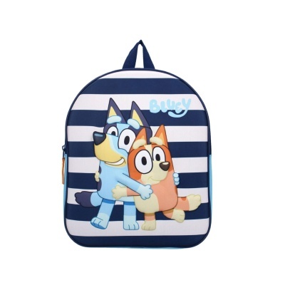 Mochila infantil azul e branca com estampa de personagens de desenho animado e texto Bluey