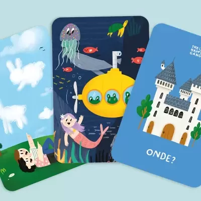 Cartões infantis ilustrados com temas subaquáticos, ao ar livre e castelo