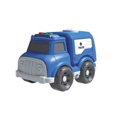 Carrinho de brinquedo azul de polícia com rodas pretas