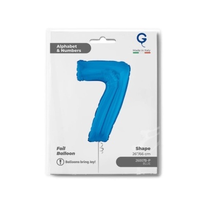 Balão de folha azul número 7 em embalagem branca com texto e logótipos