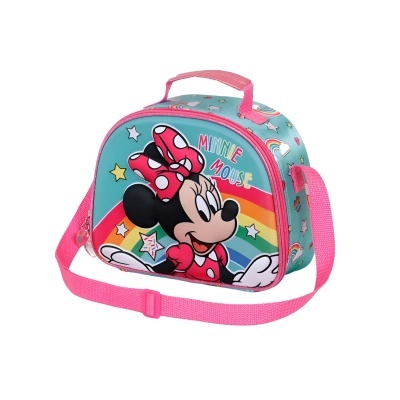 Lancheira Minnie Mouse azul com alça rosa e arco-íris
