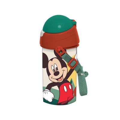 Garrafa infantil com desenho do Mickey Mouse e tampa verde e vermelha