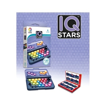 Caixa e tabuleiro do jogo IQ Stars com peças coloridas em forma de estrelas