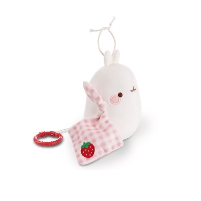 Pelúcia branca com orelhas e pano xadrez rosa com morango