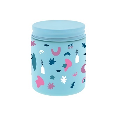 Frasco azul claro com tampa e decoração colorida abstrata