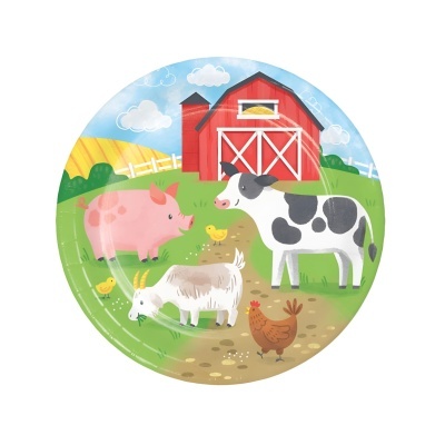 Prato redondo com desenho de animais de quinta e celeiro