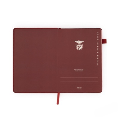 Caderno aberto de capa bordô com escrita e fitas em tom igual