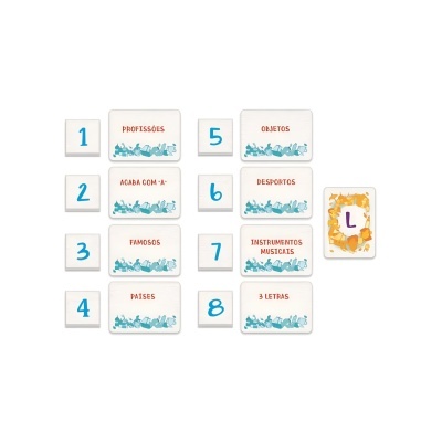 Cartas de jogo educativo com números, categorias e letra L em fundo branco