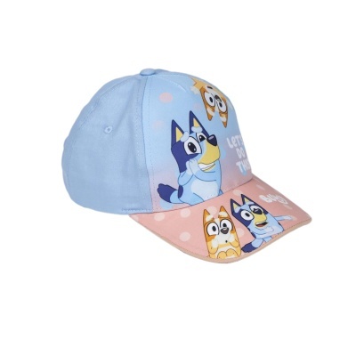 Boné azul e rosa com personagens animados de cães e texto