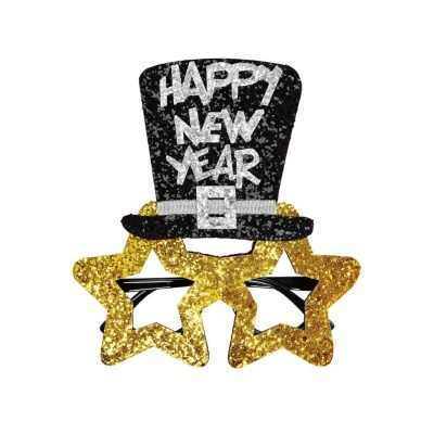 Óculos festa dourados com estrelas e chapéu preto com texto 'HAPPY NEW YEAR'