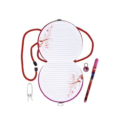 Conjunto diário redondo rosa com flores de cerejeira, caneta, cadeado e chave