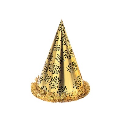 Chapéu de festa cónico dourado com padrões pretos e franjas douradas