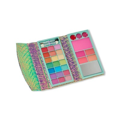 Paleta de maquilhagem colorida com estojo decorativo e acessórios