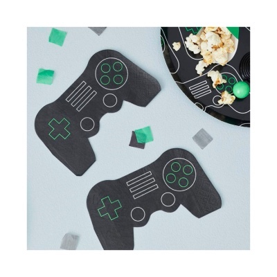 Guardanapos de papel formato comando videojogo preto com detalhes verdes e prato preto com pipocas