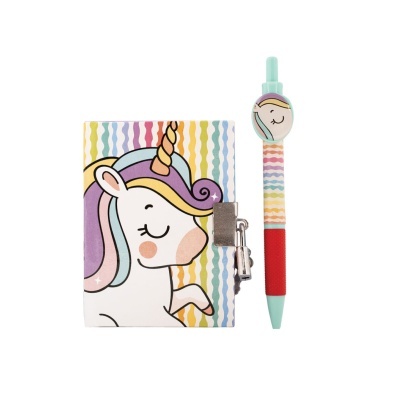 Estojo com desenho de unicórnio e caneta com padrão colorido