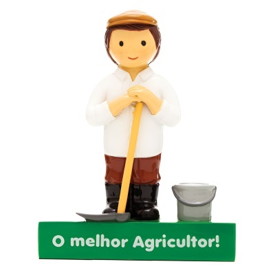 Figura decorativa de agricultor com enxada e balde, base verde com texto
