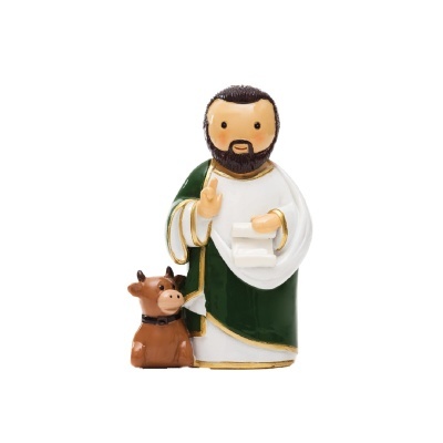 Figurinha de São Bento em verde e branco com boi castanho
