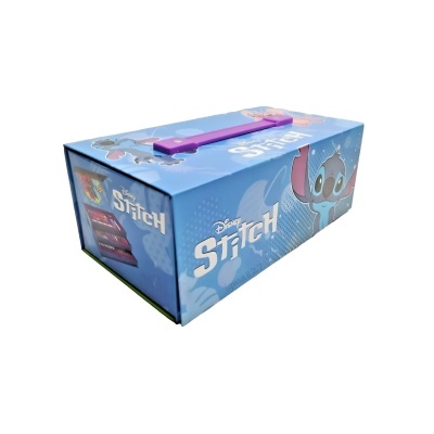 Caixa azul com asa roxa e decoração de Stitch da Disney