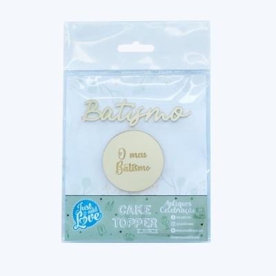 Topper para bolo em acrílico com texto Batismo e O meu Batismo, embalado em saco plástico transparente