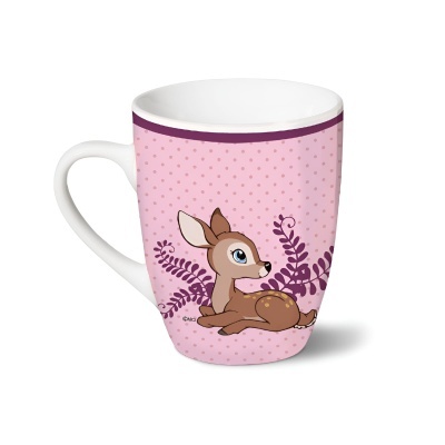 Caneca rosa com desenho de cervo castanho de desenho animado e folhas roxas