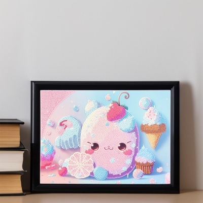 Quadro decorativo com um desenho kawaii de um ovo rosa com rosto, chantili e cereja, cupcake, limão e gelo em fundo colorido.