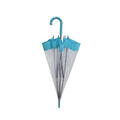 Guarda-chuva transparente com detalhes azuis e estrutura metálica