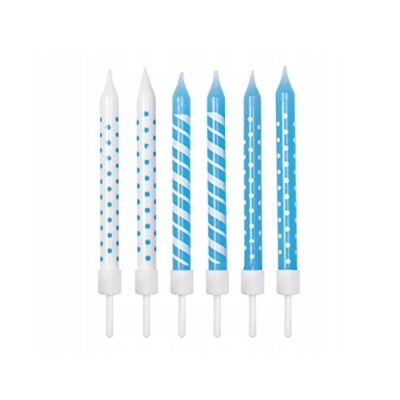Seis velas de aniversário azul e branco com padrões de bolinhas e listras.